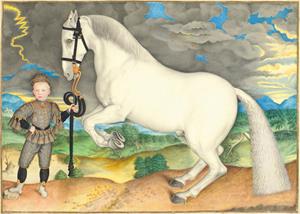A Rearing White Horse Held by a Boy 