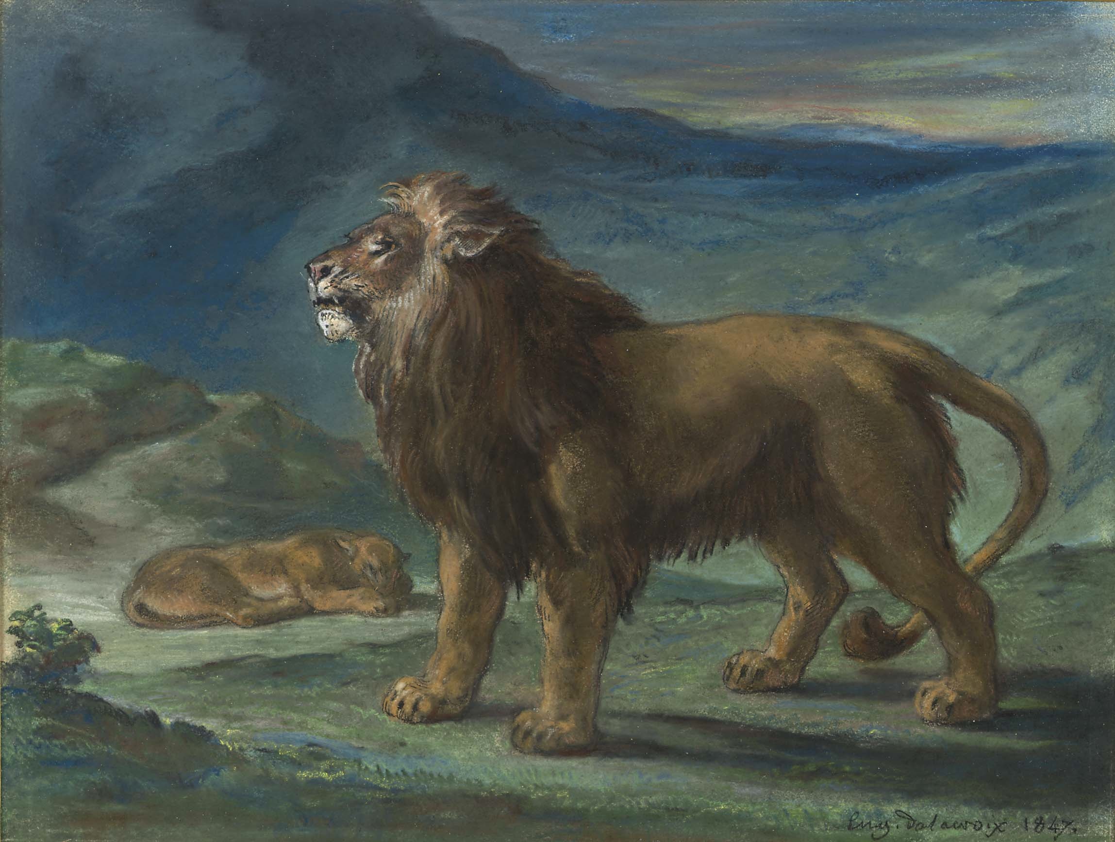 Eugene Delacroix - Pastel of Lions in a Mountain Landscape